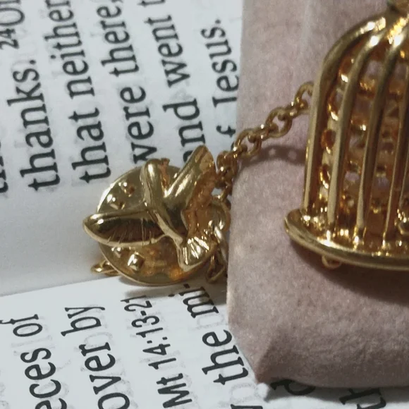 Vintage Designer Monet Chain Lapel Brooch/Pin Bird Cage with Bird on End  - Picture 2 of 11